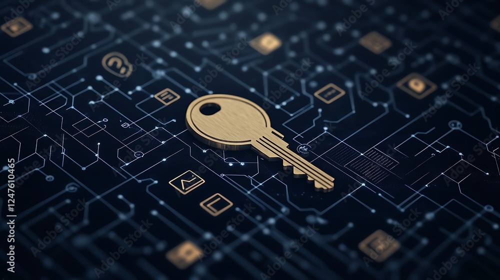 Leinwandbilder Golden key on a dark digital circuit background representing security and technology.