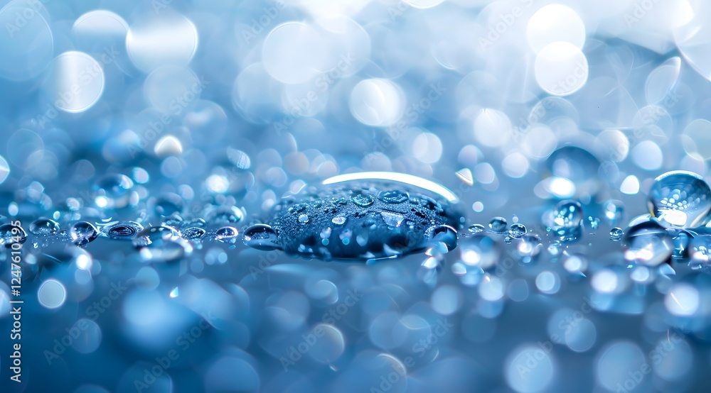 Poster close-up of water drops on surface with soft focus and bokeh background effect