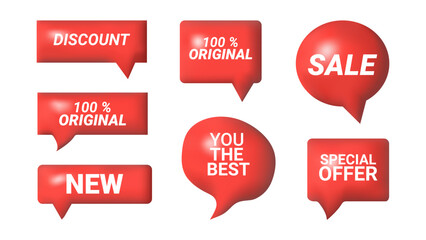 3D speech bubbles different shapes message icon. Text new sale discount special offer you are the best 100 percent original. For social media advertising posters. Vector isolated set.