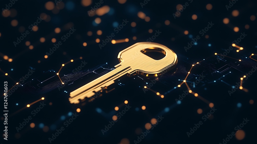 Poster golden key against a dark digital background, symbolizing security and access.