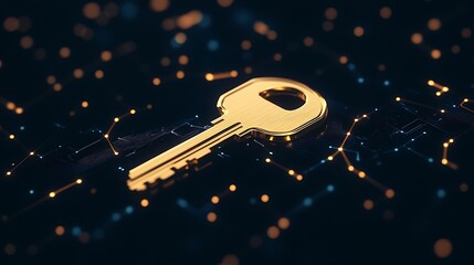 Golden key against a dark digital background, symbolizing security and access.