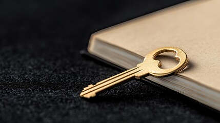 A golden key resting on an open book, symbolizing knowledge and unlocking secrets.
