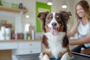 A charming dog with a joyful expression sits on a grooming table, showcasing its beautiful fur while a caretaker attends to its grooming needs in a cozy pet salon.