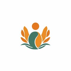 Obraz premium Serene Wellness Logo: Abstract logo design featuring a stylized human figure embraced by leaves and a sun, symbolizing harmony, health, and natural well-being. Suitable for wellness brands, spas.