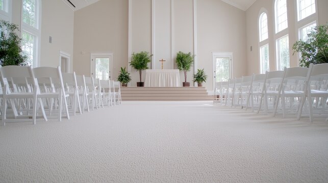 Empty church sanctuary prepared for wedding ceremony