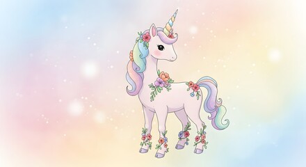 Pastel unicorn adorned with floral garlands on a dreamy background