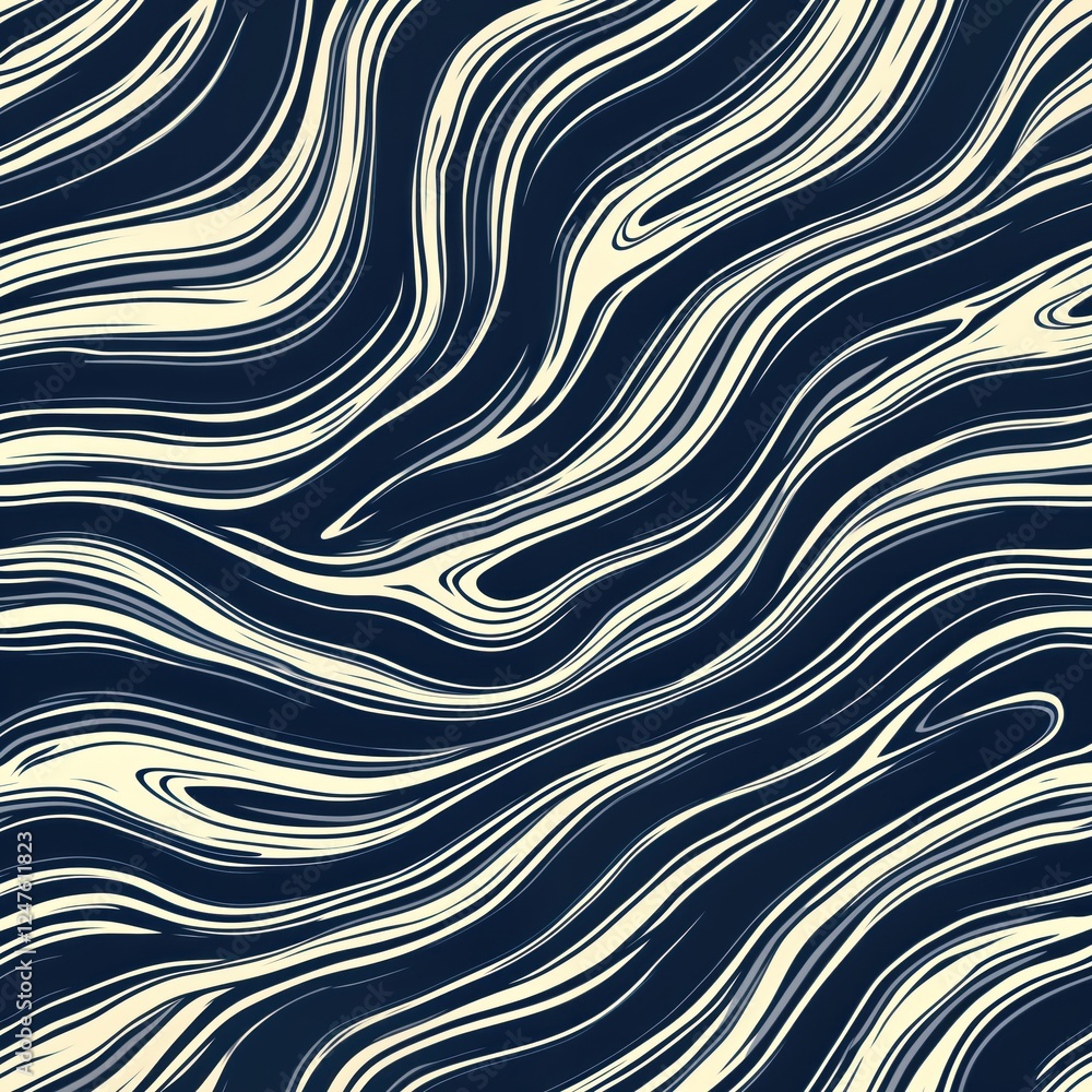 Poster abstract swirling pattern. fluid lines create dynamic motion. dark blue, cream colors form flowing c