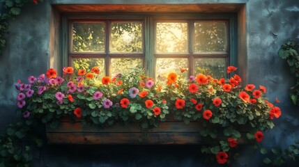 Fototapeta premium Afternoon sunshine on the windowsill flower box