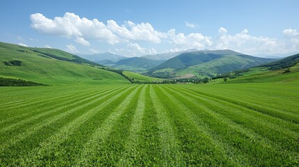 Green valley landscape, mown fields, mountains background, rural scenery, nature photography