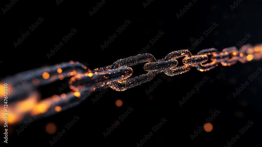 Poster abstract image of a glowing chain with sparkles against a dark background.