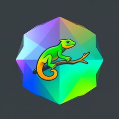Geometric Lizard: A vibrant green lizard with a bright orange tail sits perched on a branch, surrounded by a colorful, geometric, iridescent pattern. The background is a dark gray.
