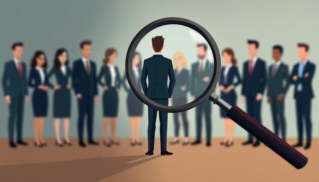 Candidate selection process with magnifying glass. Pro scrutinize candidates for suitable hire. Detailed analysis of potential staff. Company using meticulous screening procedure. Finding top talent