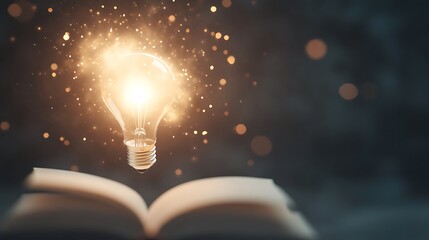 A glowing light bulb hovers above an open book, symbolizing inspiration and creativity.