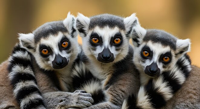 Intimate portrait of three ring-tailed lemurs showing affection for each other