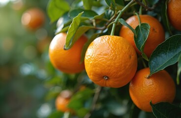 Ripe oranges hang on citrus tree branch. Sunny day in Mediterranean orchard. Fresh citrus fruit ready for harvest. Agricultural scene. Healthy produce from farm. Abundant crop. Organic agriculture