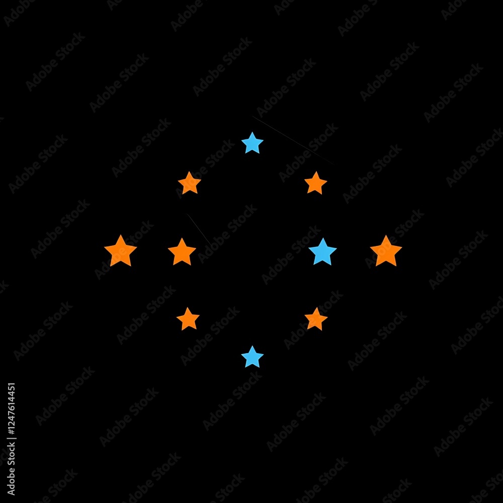 Poster celestial alignment: a mesmerizing arrangement of orange and blue stars forms a symmetrical pattern 