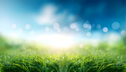 Obraz premium World environment day concept- green grass and blue sky abstract background with bokeh