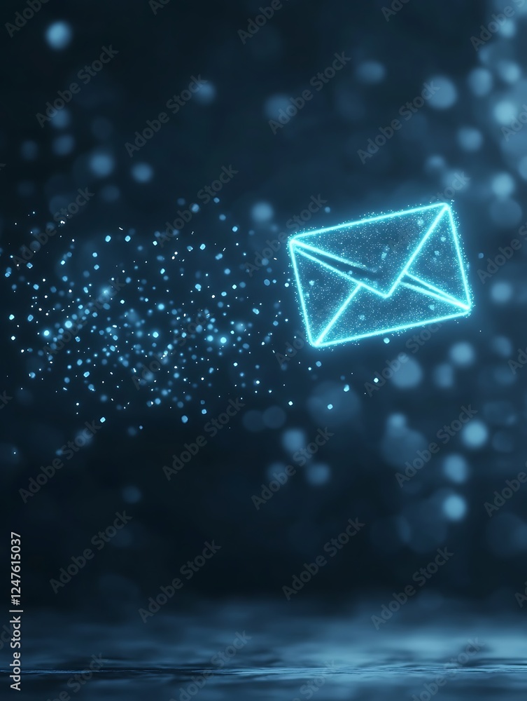 Poster Digital envelope icon surrounded by glowing particles on a dark background.