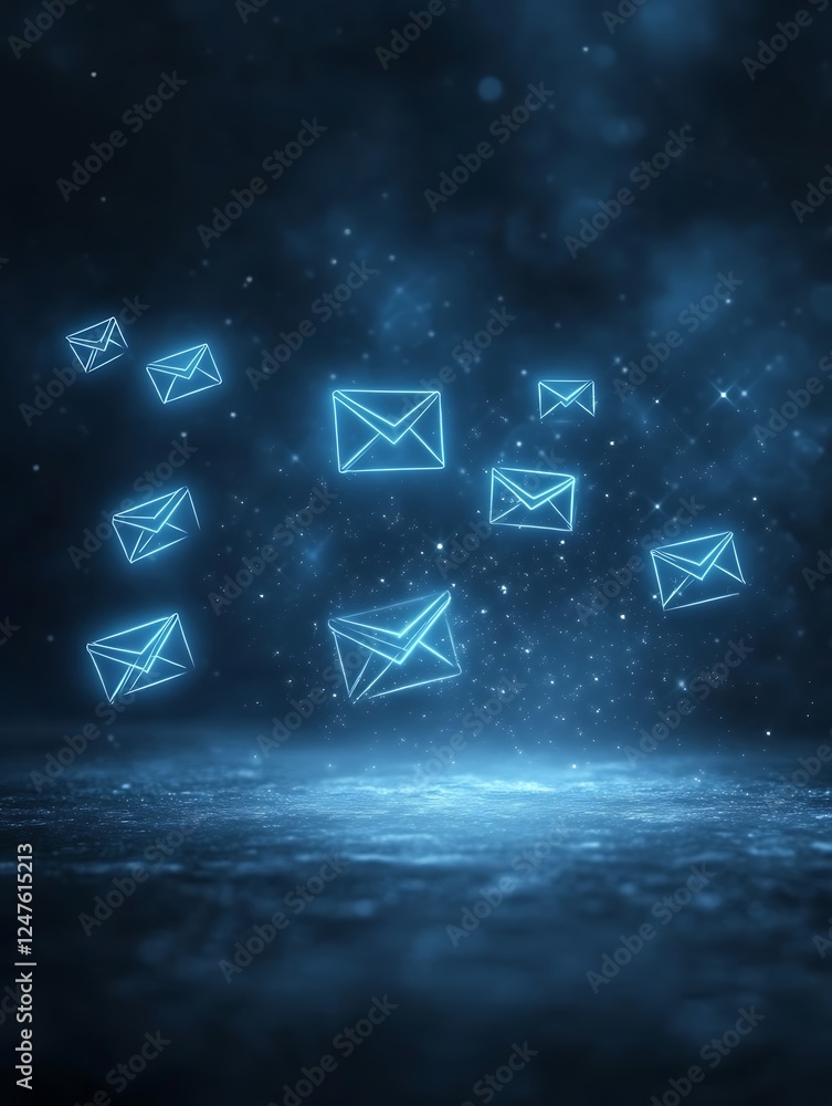 Poster Glowing digital envelopes floating in a dark, ethereal space, representing communication and technology.