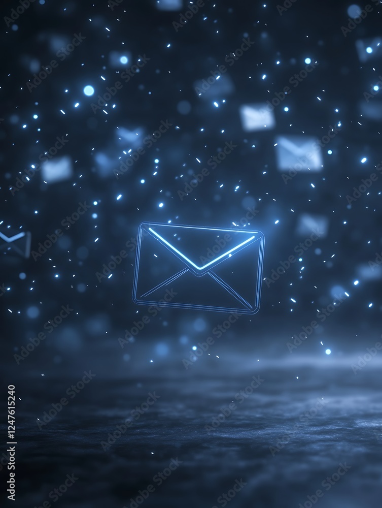 Poster futuristic digital envelopes floating in a dark, starry background.