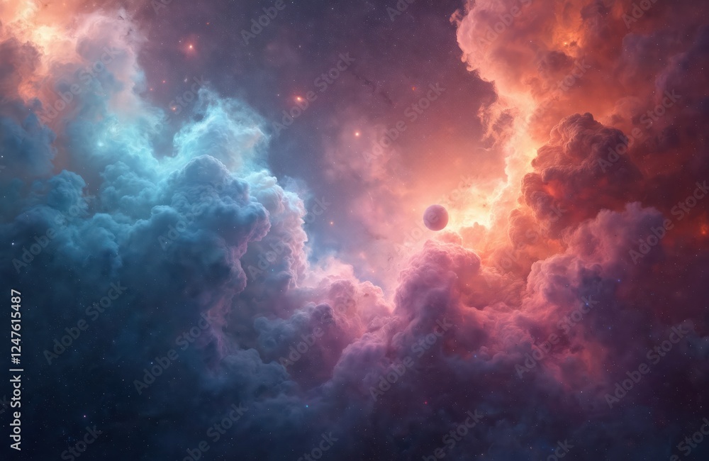 Poster colorful abstract space scene shows gigantic clouds of glowing interstellar nebulae. different color