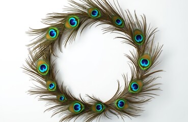 Obraz premium Peacock feathers arranged in circle on white background. Colorful feathers create decorative frame. Ideal for design projects as unique nature photo. Image offers blank space for text design elements.