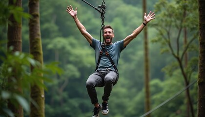 Man ziplines through dense forest. Enjoys exhilarating outdoor activity. Thrill of adventure in rich nature. Exploration through canopy. Man excited, happy. Action shot in green plants. Perfect for