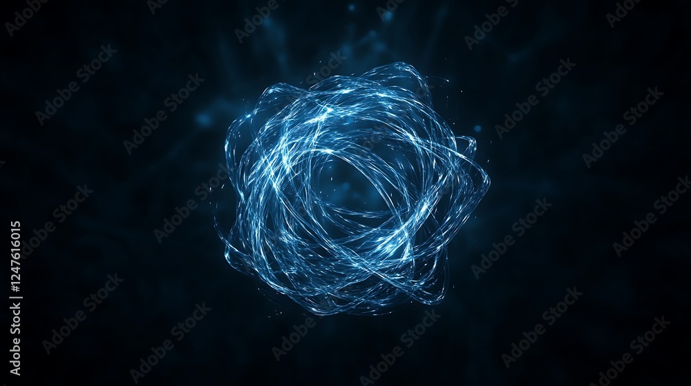 Poster abstract glowing shape with swirling blue light on a dark background.