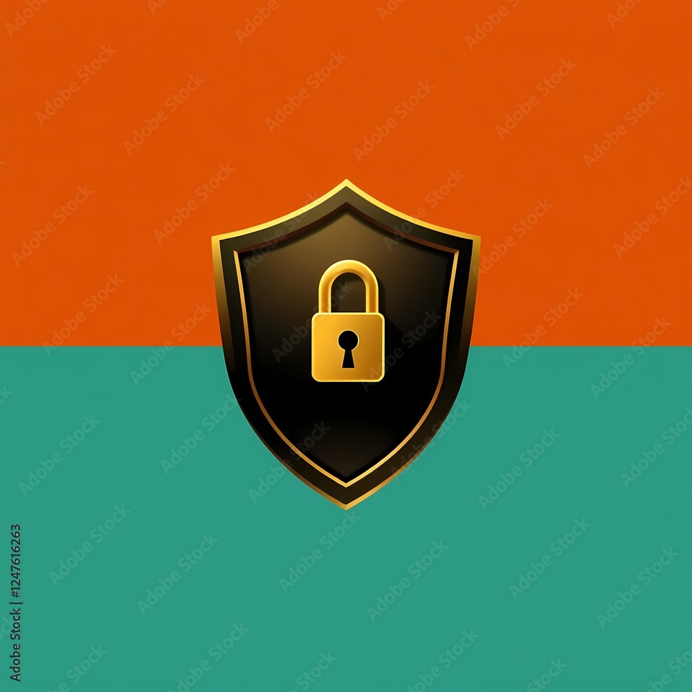 Poster secure and protected: a black shield with a gleaming gold padlock at its center stands out against a