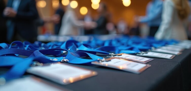 Many blue lanyards, name tags arranged on table. Event preparation underway. Indoor setting. Potential for business meeting. Rows of lanyards. Ready for attendees. Professional event meeting. Neatly