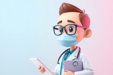 Cartoon Doctor with Tablet: A friendly, cartoon-style doctor, wearing a mask and glasses, holds a tablet and clipboard, conveying a sense of care and professionalism.