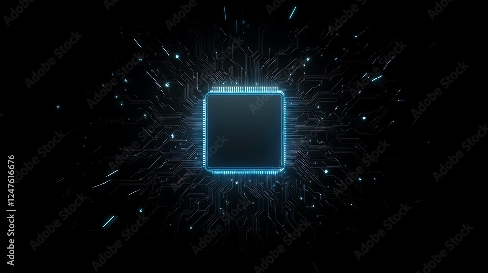 Poster Abstract representation of a microchip with glowing particles around it, symbolizing technology and innovation.