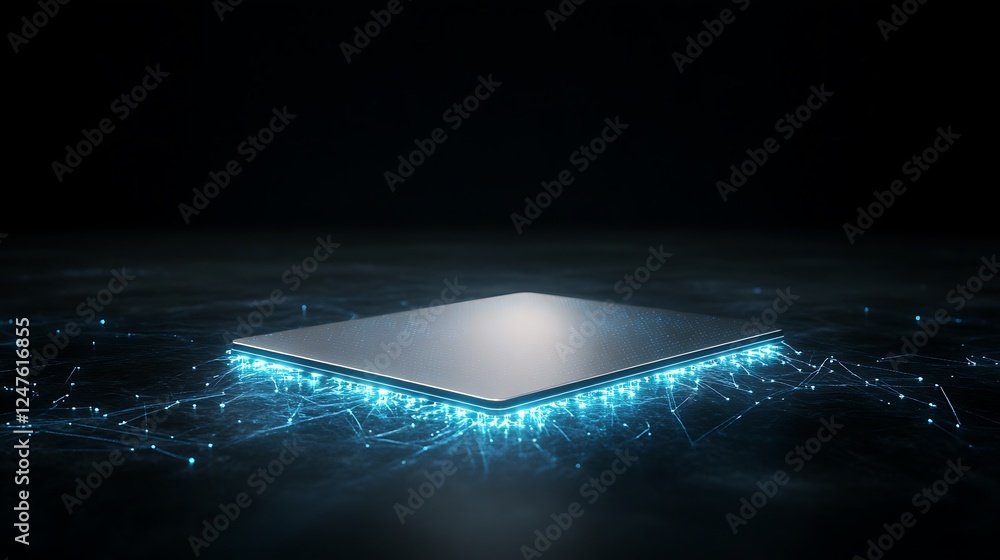 Aufkleber futuristic microchip surrounded by glowing particles against a dark background.