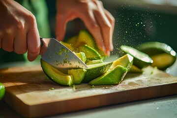A young woman is chopping avocado in her modern kitchen.