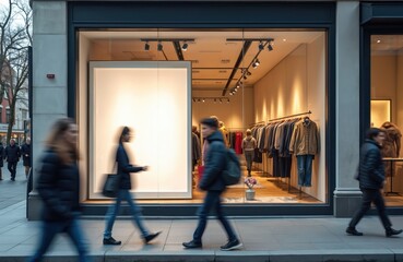Obraz premium Pedestrians walk past boutique shop window with blank white advertising space. People blurred in motion signifying noisy urban atmosphere. Shop displays clothes on racks inside. Clear message space