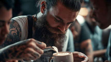 Young Bearded Barista Man Enjoying Coffee Conversation Workshop in Cozy Cafe Setting
