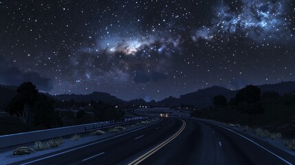 A celestial night highway: starry skies and curved roads under the milky way