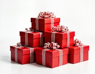 Stacked red gift boxes with white, red striped ribbons, bows. Presents neatly arranged on white surface. Holiday celebration theme. Ideal for festive occasions. Gifts suggest joy, surprises,