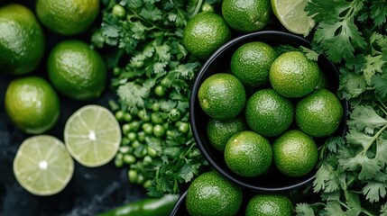 Fresh limes, cilantro, and peas on dark background; food blog or recipe use