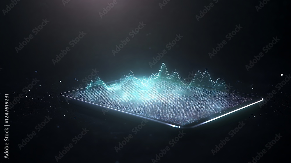 Poster a glowing, abstract representation of waves on a digital surface against a dark background.