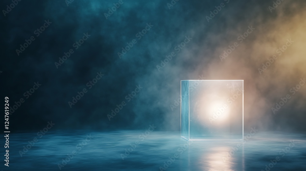 Fototapete a glowing cube in a misty environment with dynamic lighting effects.