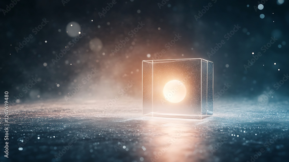 Poster a glowing cube suspended in mist, emitting soft light against a dark background.