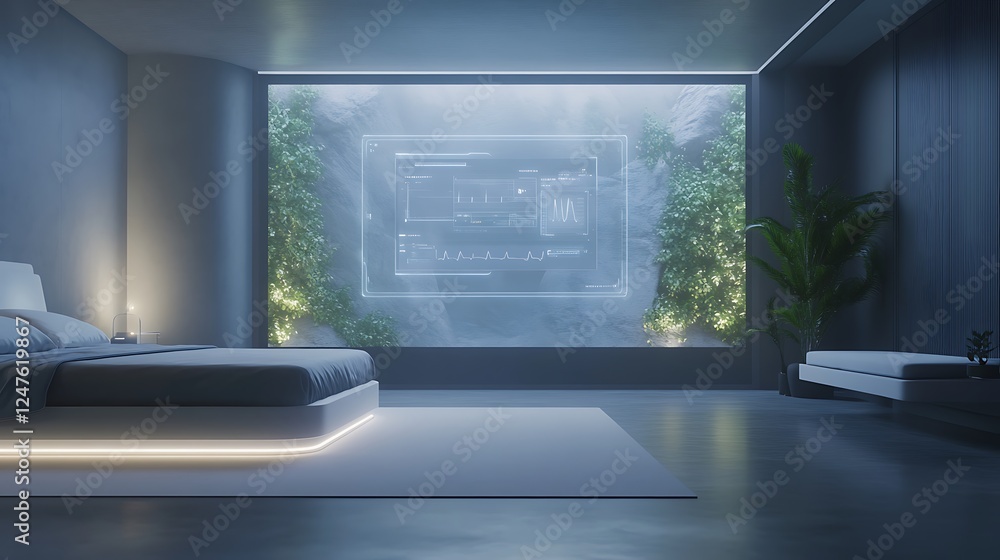 Poster modern bedroom featuring futuristic design elements with a view of greenery through a large window.