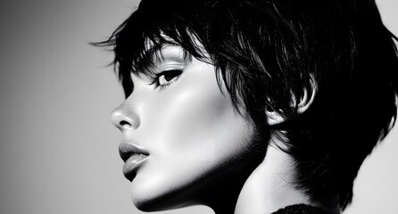 Fototapeta premium A striking black-and-white side-profile portrait of a young woman with a short, windswept hairstyle. 