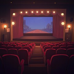 Fototapeta premium Empty retro cinema auditorium with a large screen showing a night cityscape.