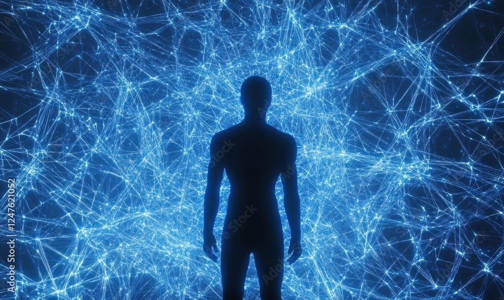 Poster digital human silhouette with glowing lines representing neural connections, symbolizing the ai's ab