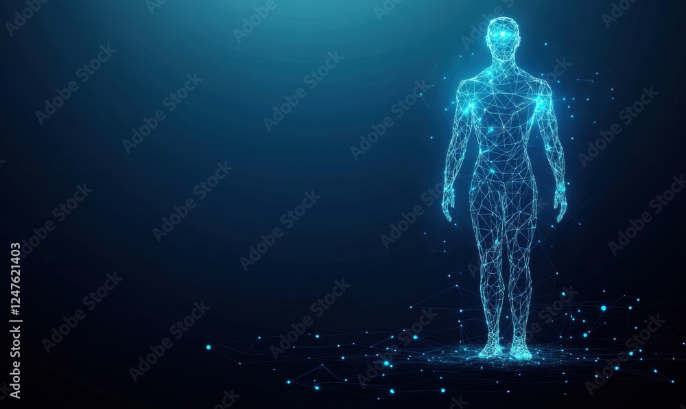Aufkleber a wireframe hologram of an ai human figure with glowing eyes and network connections, set against a 