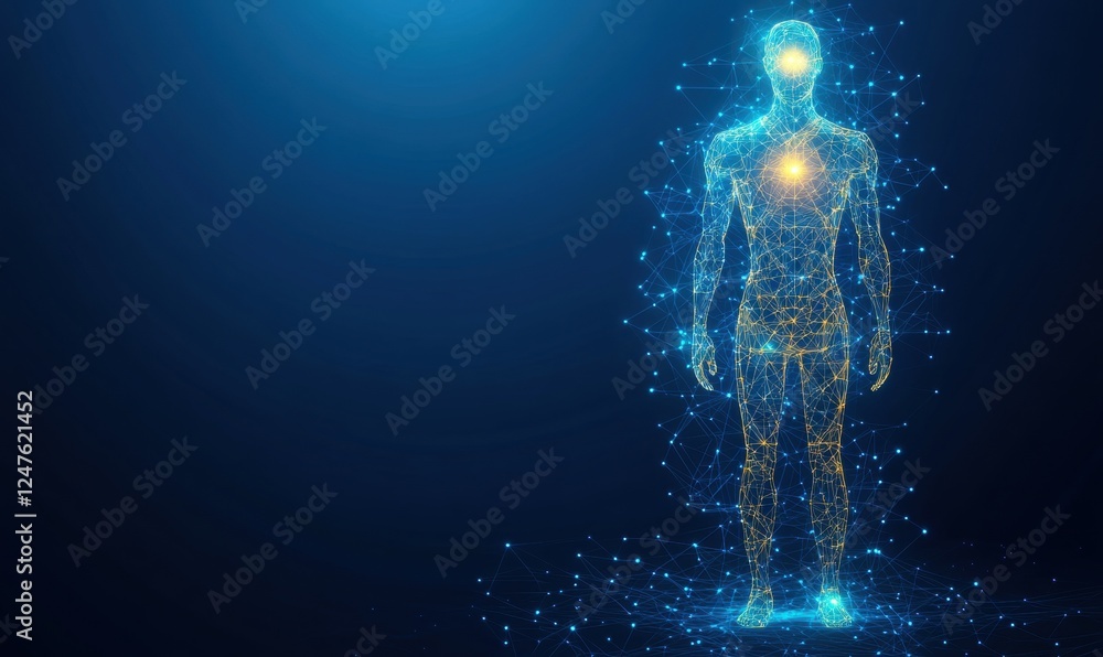 Poster a wireframe hologram of an ai human figure with glowing eyes and network connections, set against a 