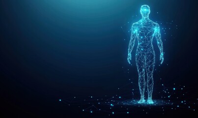 A wireframe hologram of an AI human figure with glowing eyes and network connections, set against a deep blue background created by artificial intelligence technology Generative AI