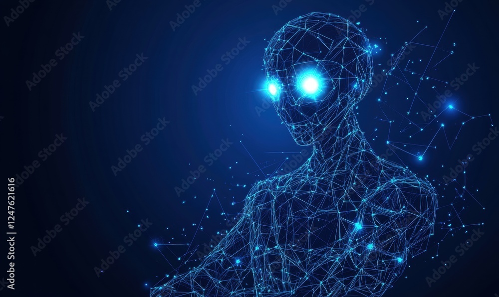 Poster a wireframe hologram of an ai humanoid figure with glowing eyes and a blue background, symbolizing t